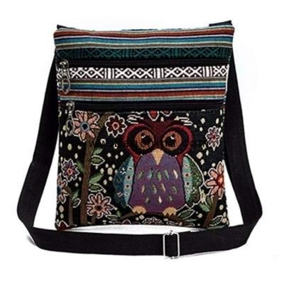 Women Embroidered Owl Tote Bags Shoulder Bag Messenger Bag with Double Zipper 
