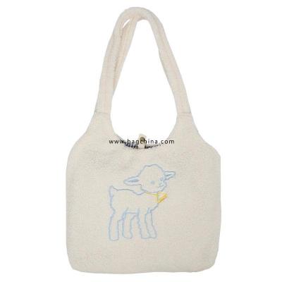 Women Lamb Like Fabric Shoulder Bag Simple Canvas Handbag Tote Large Capacity Embroidery Shopping Bag Cute Book Bags for Girls